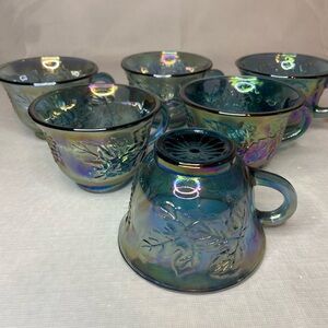 6 - Vintage Iridescent Blue Indiana Carnival Glass Grape Harvest Punch Cups
